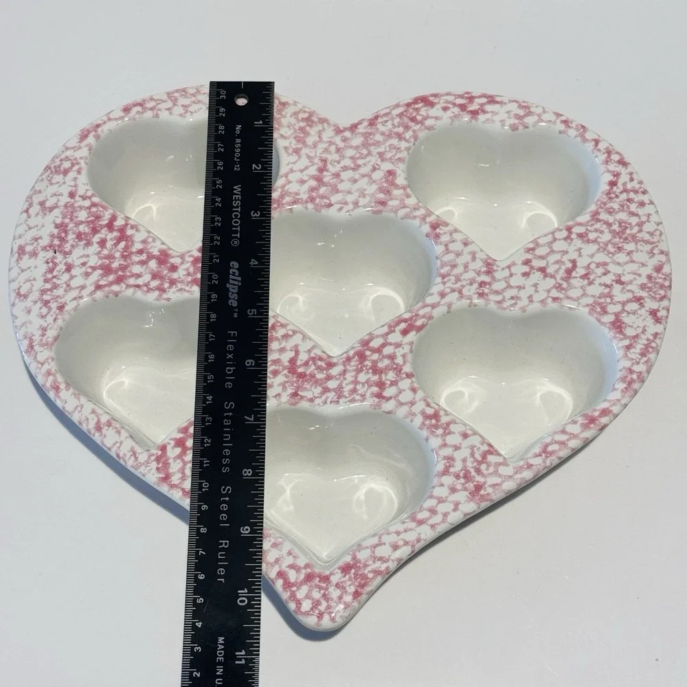 Vintage Red & White Sponge Ware Stoneware Heart Tray 6 Well‎ Heart Mold